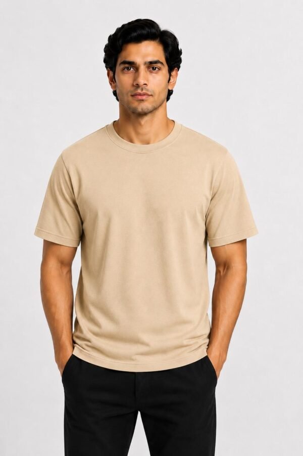 Beige Regular Fit Plain Round Neck Tshirt