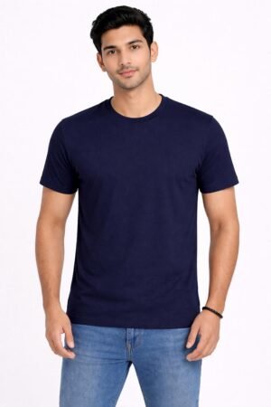 Navy Blue Regular Fit Plain Round Neck Tshirt