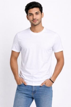 White Regular Fit Plain Round Neck Tshirt